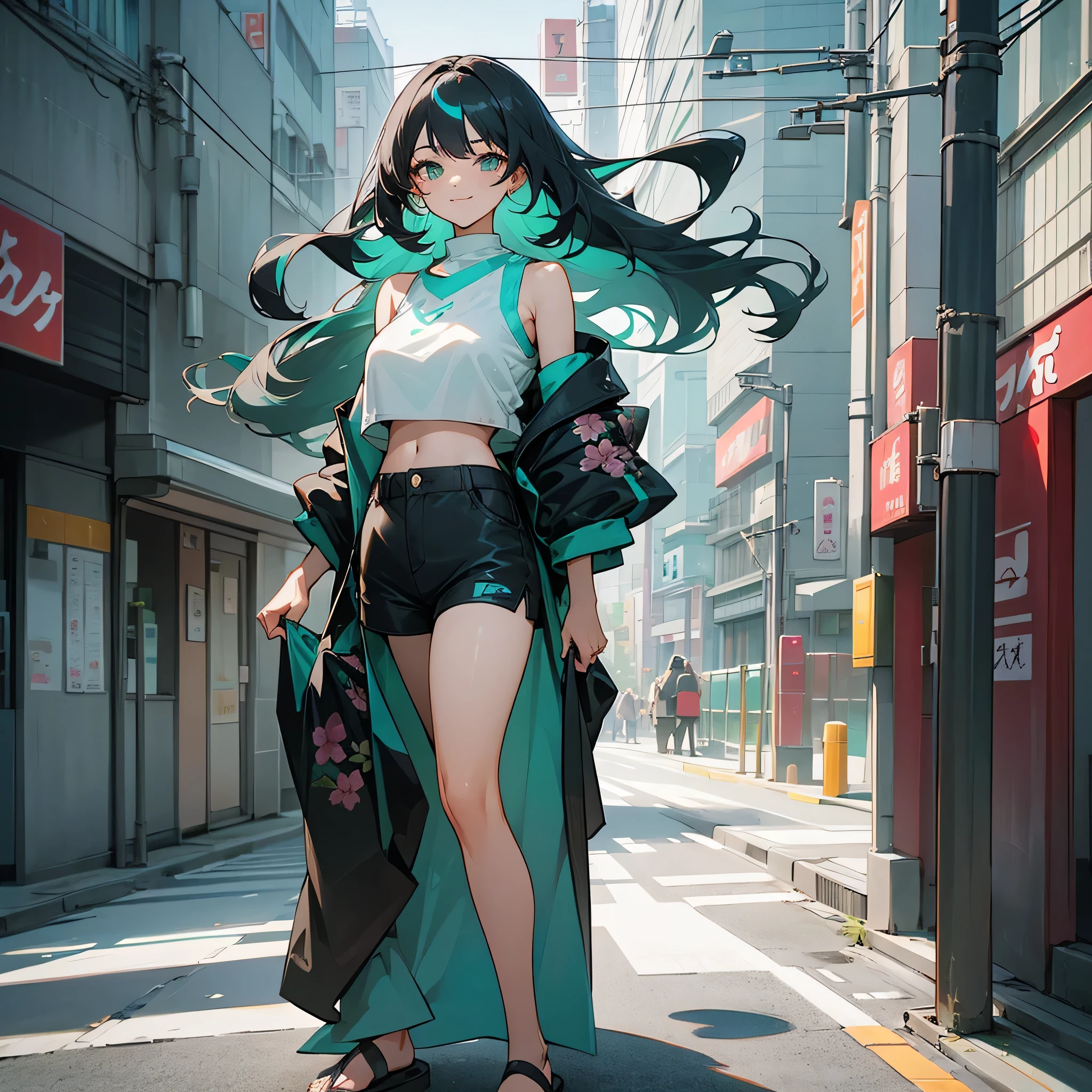 1female, adult, sexy, finely detailed aqua eyes, curly long hair, two tone hair color, grey hair color, black hair color, oversized crop top, baggy shorts, standing on building, day time, tokyo streets, calm expression, smile, flowers