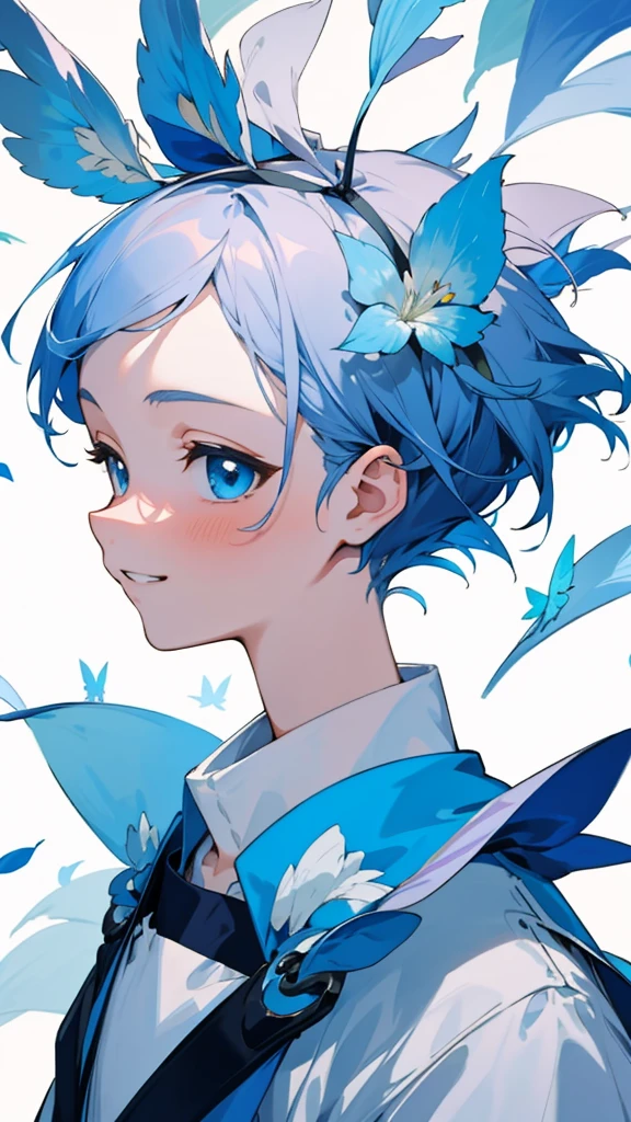 （Highest quality，masterpiece，Surreal），17-year-old girl、Short hair like a boy、Dark blue hair、Bright Blue Eyes、White hair band、Grin、profile、Beautiful and delicate girl portrait，Playful and cute，Background Petals fluttering，