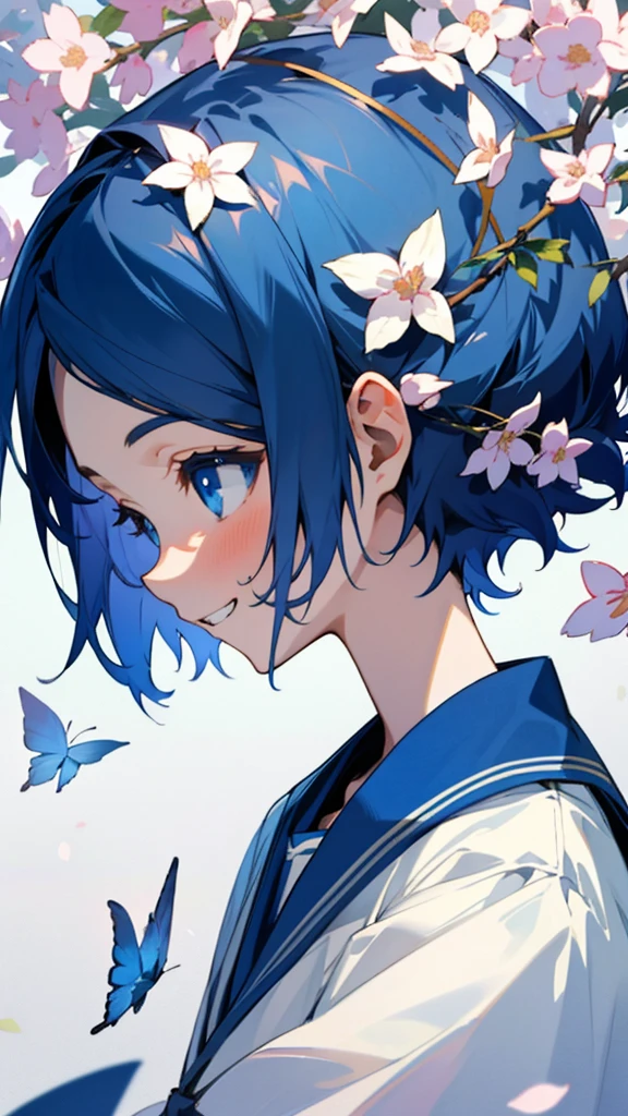 （Highest quality，masterpiece，Surreal），17-year-old girl、Short hair like a boy、Dark blue hair、Bright Blue Eyes、White hair band、Grin、profile、Beautiful and delicate girl portrait，Playful and cute，Background Petals fluttering，
