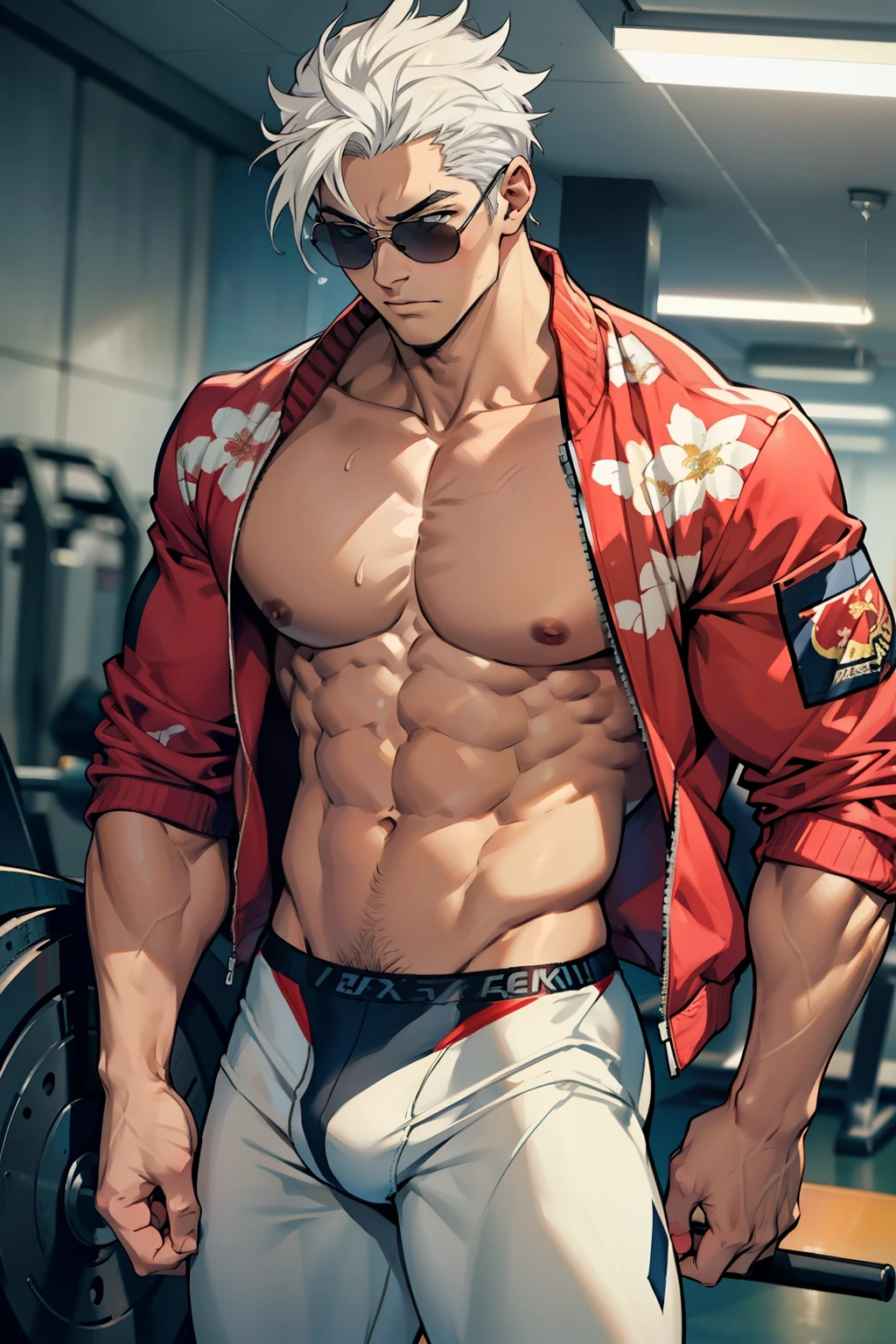(1 boy,Be a man),Muscular anime guy in the gym, facial expression like masturbation, 1boy, bikini, Tight muscles, Broad shoulders, Handsome and old, Tiny underwear, Sexy, sex, Guy, Gay, Sea, jacket, sunglasses, boy, floral bikini, bright white hair, tight leg muscles, big Cook,