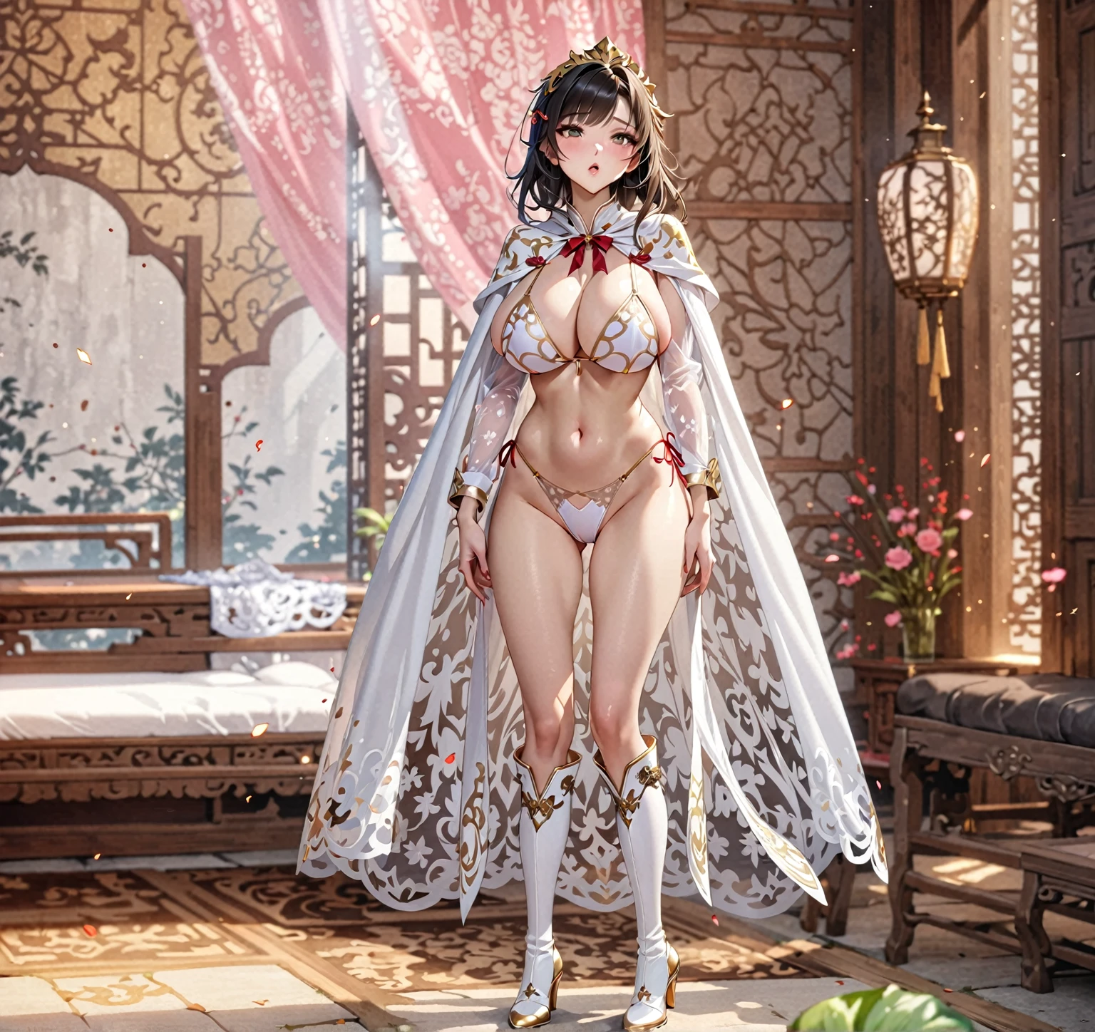 Female magician, long hair,  gold and white , Long-legged girl, Put on your boots, ,full body xianxia, Huge breasts，Looks very slutty, Strong  desire，Sexual thirst，fantasy服装, Transparent , Lace , Wearing a long cape, Lace cape，穿着fantasy服装, Real 8000g，Impeccable，masterpiece，Professional artwork，masterpiece，Light，bloom，Perfect face，Pretty Face，fantasy，Wonderful and magical，not real，Intricate details，Beautiful pattern