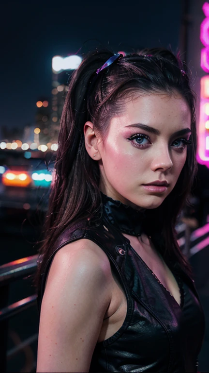 Una chica con el rostro de Amy lee, estilo synthwave, con un fondo de una Ciudad futurista 