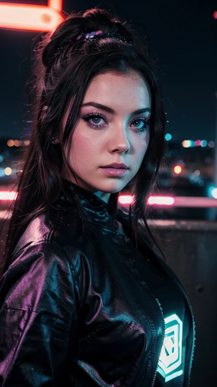 Una chica con el rostro de Amy lee, estilo synthwave, con un fondo de una Ciudad futurista 