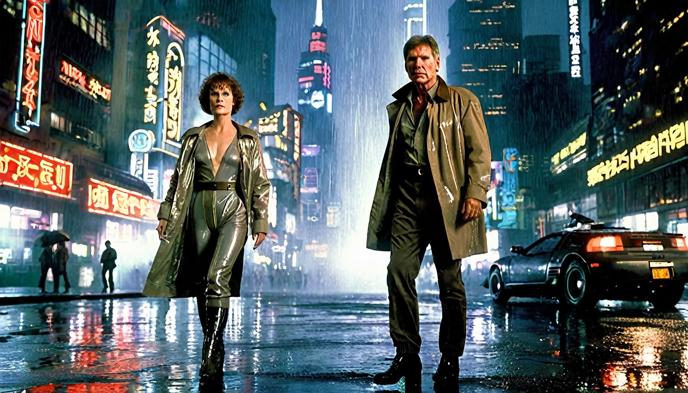 "Harrison Ford's character from Blade Runner, a tough detective in a trench coat, walks alongside Sigourney Weaver's character from Alien, a strong, determined woman in a space jumpsuit. They are set against the backdrop of a dark, futuristic cyberpunk cityscape. ,with neon lights, towering skyscrapers and a rainy and gloomy atmosphere." futuristic image highly detailed image, sharp focus, studio photography, xf iq 4, 1 5 0 0 0 0 mp, 5 0 mm, iso 2 0 0, 1/1 6 0 s, realistic, natural light, octane rendering, adobe lightroom, thirds resolution, symmetrical balance, depth layers, polarizing filter, ..., hd, color optics, ..., hd, opaque color, masterpiece