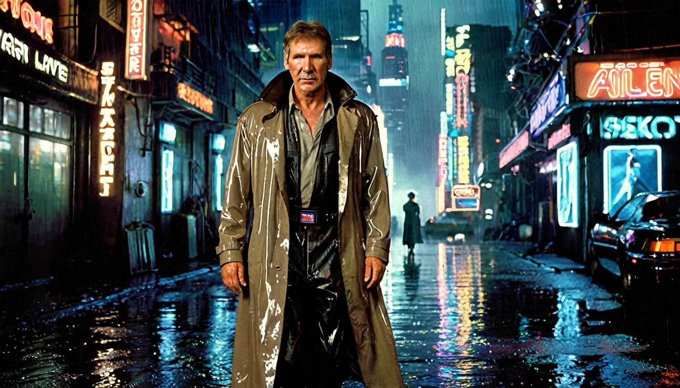 "Harrison Ford's character from Blade Runner, a tough detective in a trench coat, walks alongside Sigourney Weaver's character from Alien, a strong, determined woman in a space jumpsuit. They are set against the backdrop of a dark, futuristic cyberpunk cityscape. ,with neon lights, towering skyscrapers and a rainy and gloomy atmosphere." futuristic image highly detailed image, sharp focus, studio photography, xf iq 4, 1 5 0 0 0 0 mp, 5 0 mm, iso 2 0 0, 1/1 6 0 s, realistic, natural light, octane rendering, adobe lightroom, thirds resolution, symmetrical balance, depth layers, polarizing filter, ..., hd, color optics, ..., hd, opaque color, masterpiece