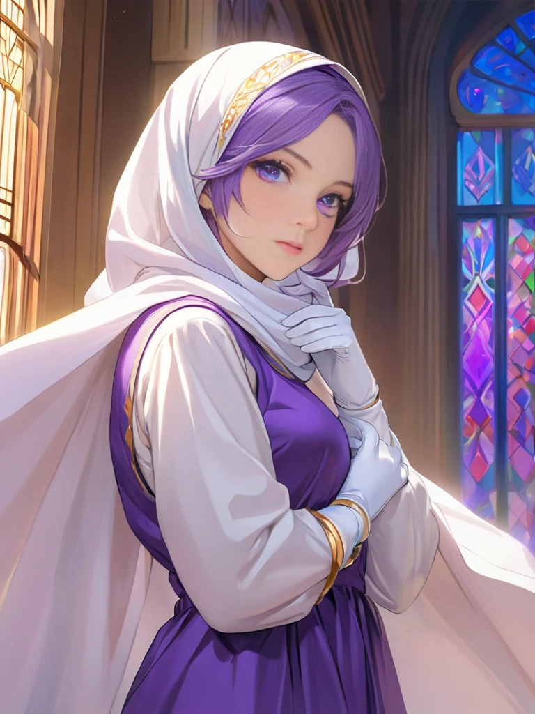 High-resolution anime digital art, Masterpiece, Female, Tomboy, Mature, Humble, Kind, Smart,purple pupil eyes, wearing white hijab, Wearing long purple dress, Women's white fabric gloves, vivid colours.