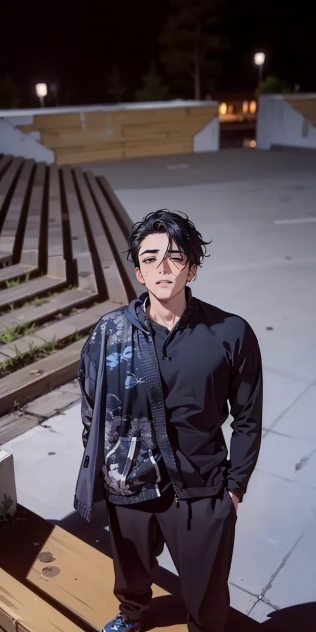 ((highest quality, masterpiece, 4k, finely detailed, detailed eyes, detailed face, gelbooru, pixiv)), warm lighting, ((solo)), 1 male, handsome, masculine, adult male, broad shoulders, closeup of face, ((black chin hair)), portrait, slight blush on cheeks, smiling, looking at viewer, ((lazy eyes, half-lidded, eyebags under eyes, black eyes with white pupils)), wearing modern clothing, hoodie with a logo, sweatpants, standing, hands in pockets, ((black hair, medium length hair, shaggy hairstyle, messy hair)), city background
