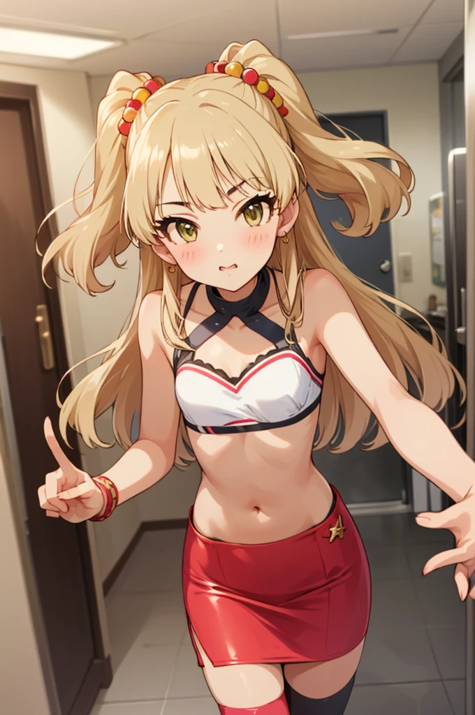 , aarika, long hair, two side up, hair bobbles, small breasts, looking viewer,,,thigh gap,,crop top,bare arms,navel,pencil skirt,thighhighs,(((Gyaru))),indoor,blush,,peace sign,standing