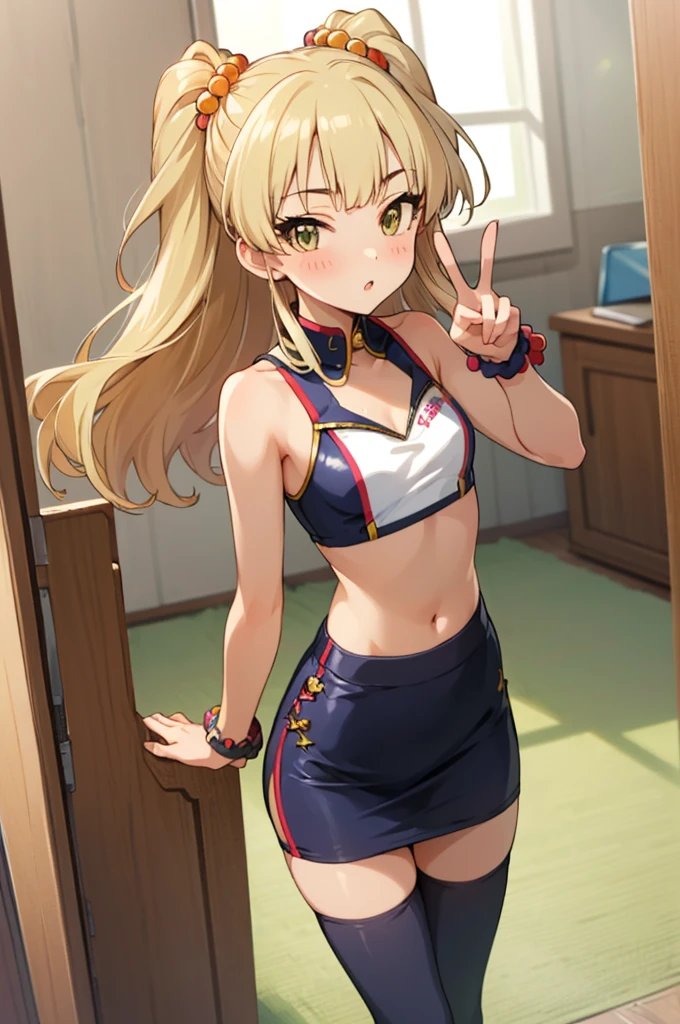 , aarika, long hair, two side up, hair bobbles, small breasts, looking viewer,,,thigh gap,,crop top,bare arms,navel,pencil skirt,thighhighs,(((Gyaru))),indoor,blush,,peace sign,standing