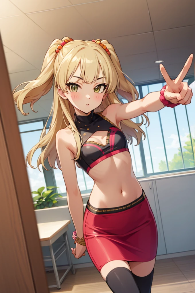 , aarika, long hair, two side up, hair bobbles, small breasts, looking viewer,,,thigh gap,,crop top,bare arms,navel,pencil skirt,thighhighs,(((Gyaru))),indoor,blush,,peace sign,standing