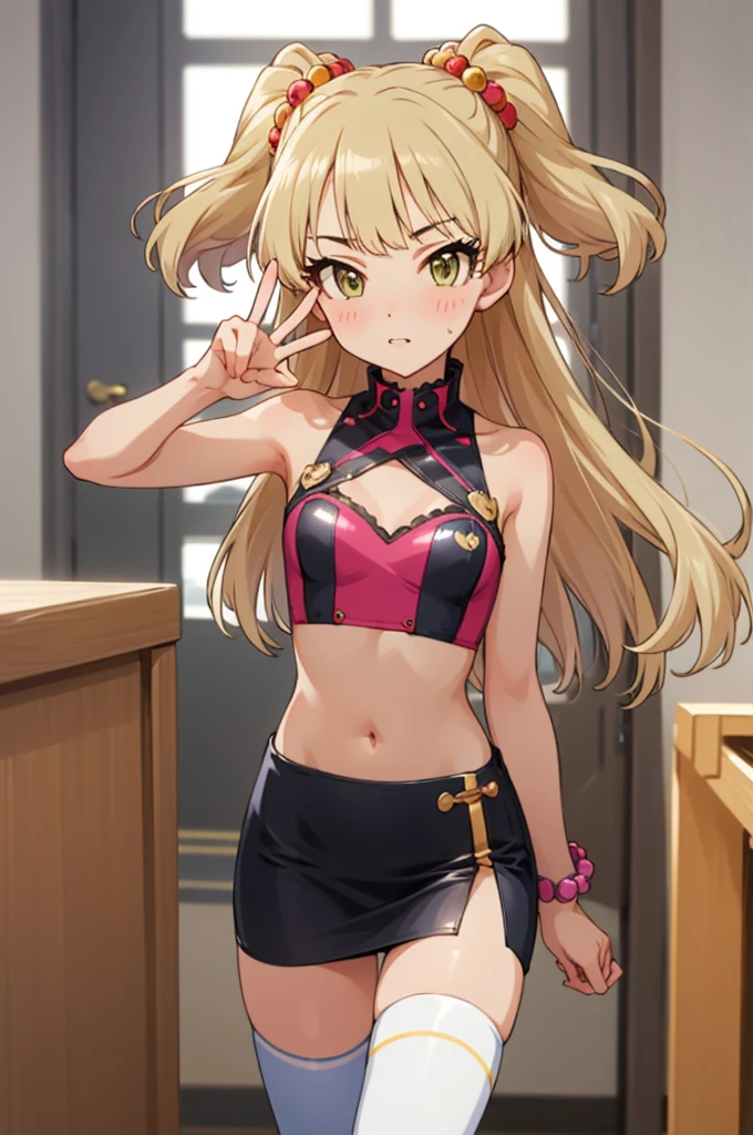 , aarika, long hair, two side up, hair bobbles, small breasts, looking viewer,,,thigh gap,,crop top,bare arms,navel,pencil skirt,thighhighs,(((Gyaru))),indoor,blush,,peace sign,standing