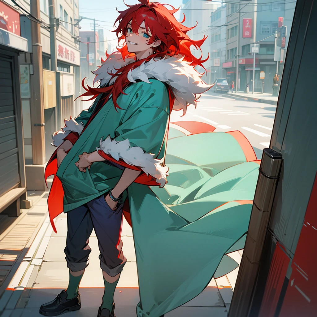 1male, adult, finely detailed aqua eyes, messy medium hair, two tone hair color, red hair color, blue hair color, casual clothing, loose pants, fur poncho, standing on building, day time, tokyo streets, calm expression, muscular, grin