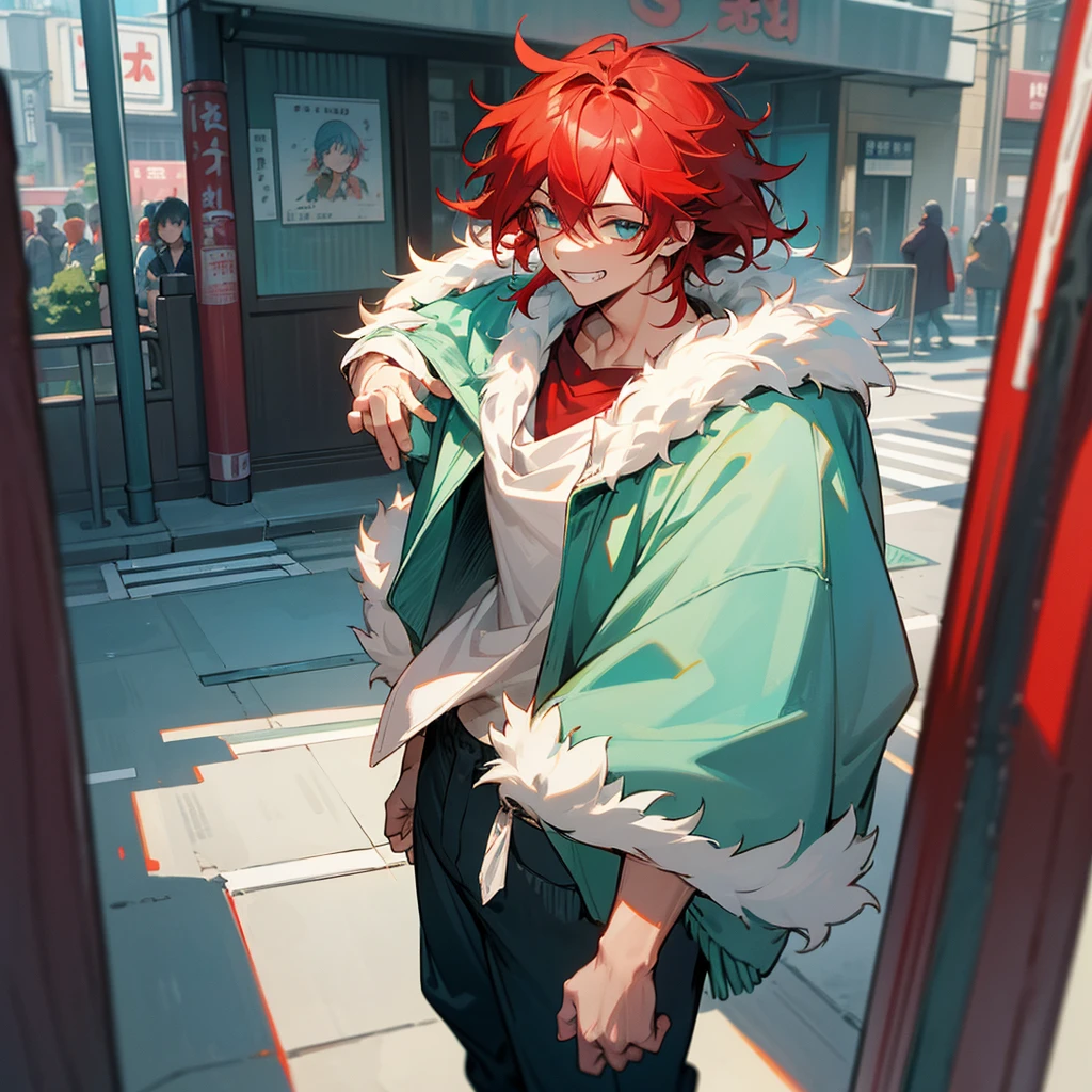 1male, adult, finely detailed aqua eyes, messy medium hair, two tone hair color, red hair color, blue hair color, casual clothing, loose pants, fur poncho, standing on building, day time, tokyo streets, calm expression, muscular, grin