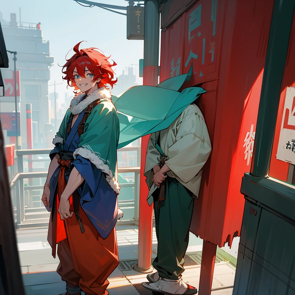 1male, adult, finely detailed aqua eyes, messy medium hair, two tone hair color, red hair color, blue hair color, casual clothing, loose pants, fur poncho, standing on building, day time, tokyo streets, calm expression, muscular, grin
