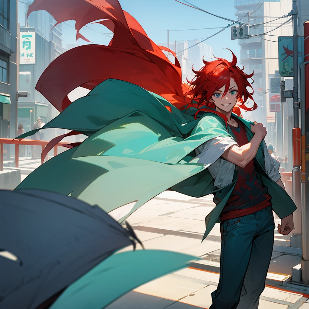 1male, adult, finely detailed aqua eyes, messy medium hair, two tone hair color, red hair color, blue hair color, casual clothing, loose pants, fur poncho, standing on building, day time, tokyo streets, calm expression, muscular, grin