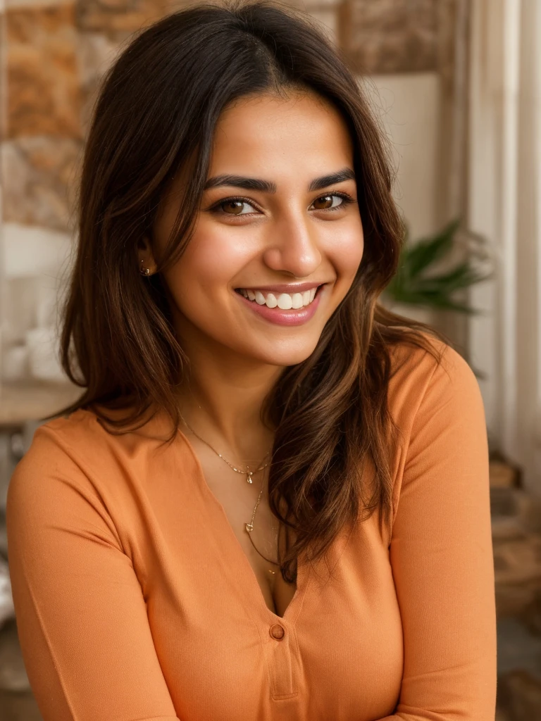 28YO, one women, cute smile, white teethes, Arab, from Jordan, long burnt orange shirt, light brown eyes