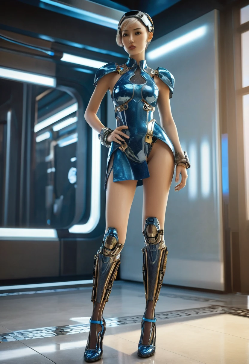 A modern CGI image of an girly android with a maiden dress and nylon socks that are black and semitransparent with some holes in the socks, the android is high tech but the legs are supermodel stunning, the android wears super high heals, the humanoid head is very natural hyper real, it wears a bluish metal armor , has all the female attributes in place, UE5, HDR, raytracing, RTX