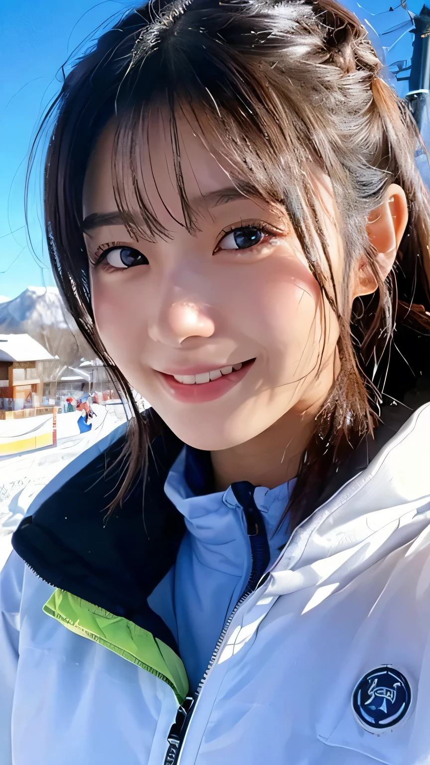(Highest quality,masterpiece:1.3,Ultra-high resolution),(Very detailed,Caustics,16K),(Realistic:1.4,RAW shooting),Ultra-Realistic Capture,Human skin close-up,Natural skin texture,The pores are detailed enough to be easily identified,Healthy Skin and Even Tone,Use natural light and color,18-year-old,Japanese,cute,Ski wear,Long black hair,I'm looking at the camera with a smile on my face,Big Breasts,Waist up shot,(Face Focus:1.2),(Face close-up:1.2),(Low position:1.3),(Low Angle:1.3),(Ski Resorts),sun,Lens flare,blue sky,