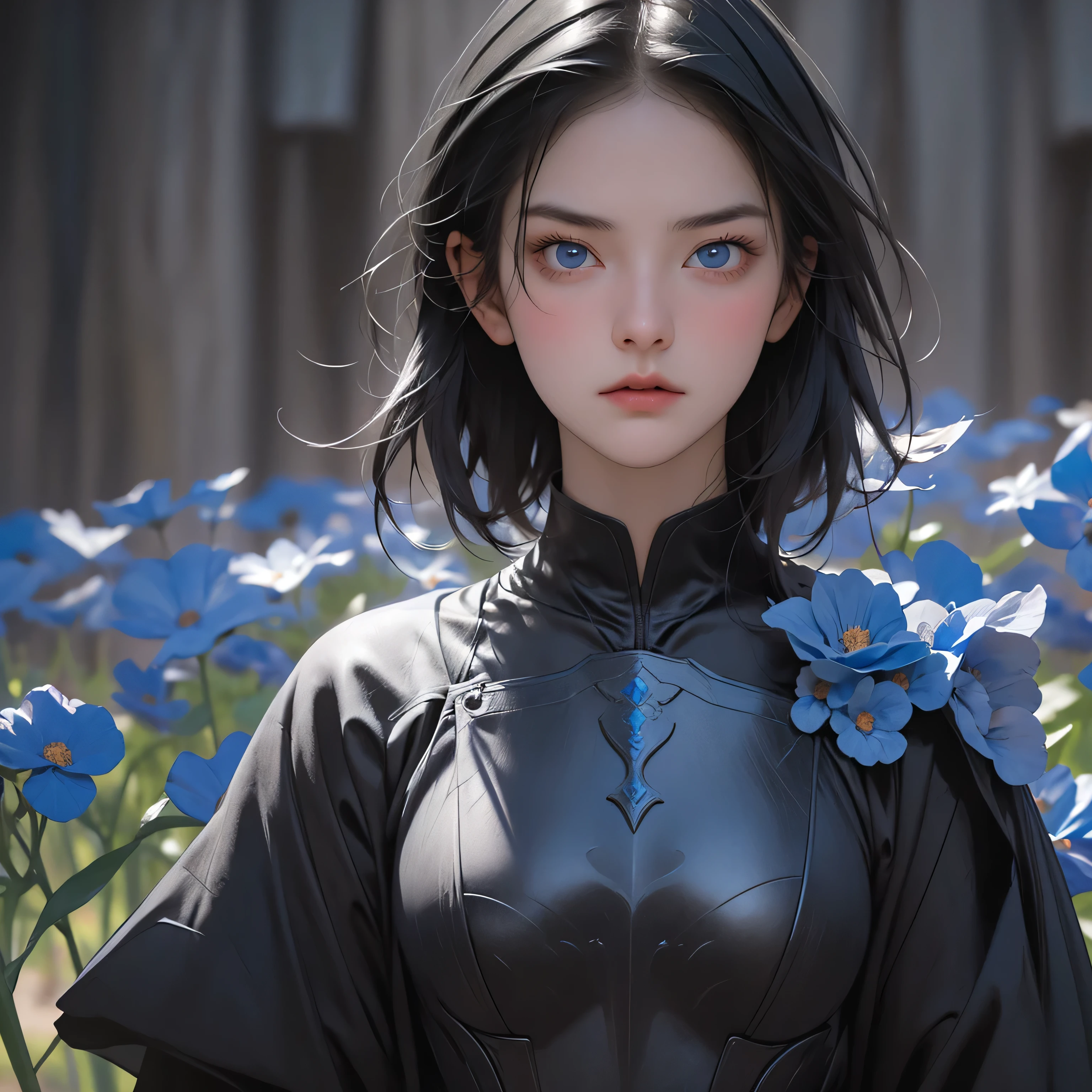 1girl, short black hair, blue eyes, wearing full black knight armor, standing in the middle of a vast blue flower field, angry face, close up, 8K, Hi-Res