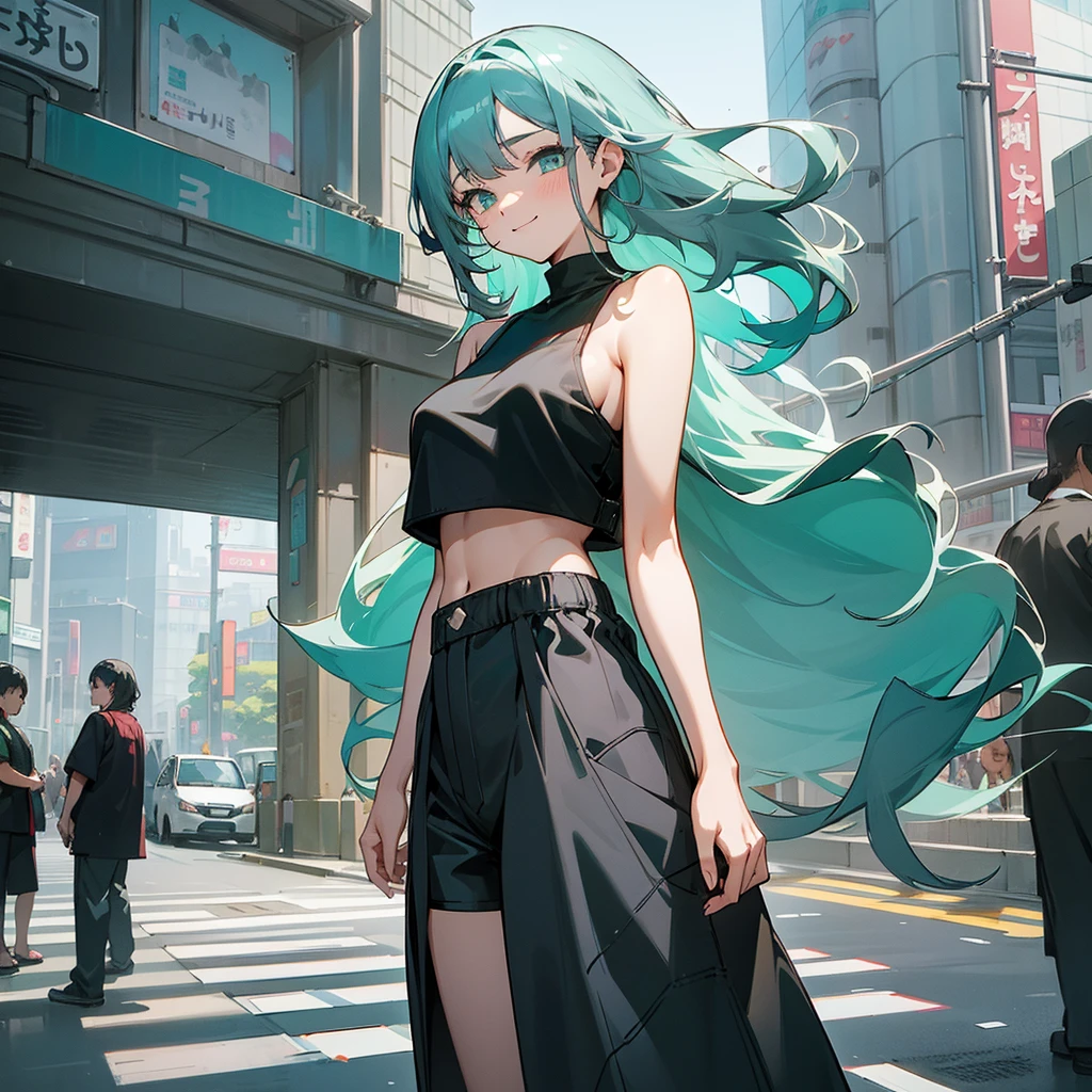 1female, adult, sexy, finely detailed aqua eyes, curly long hair, two tone hair color, grey hair color, black hair color, oversized crop top, baggy shorts, standing on building, day time, tokyo streets, calm expression, smile, flowers