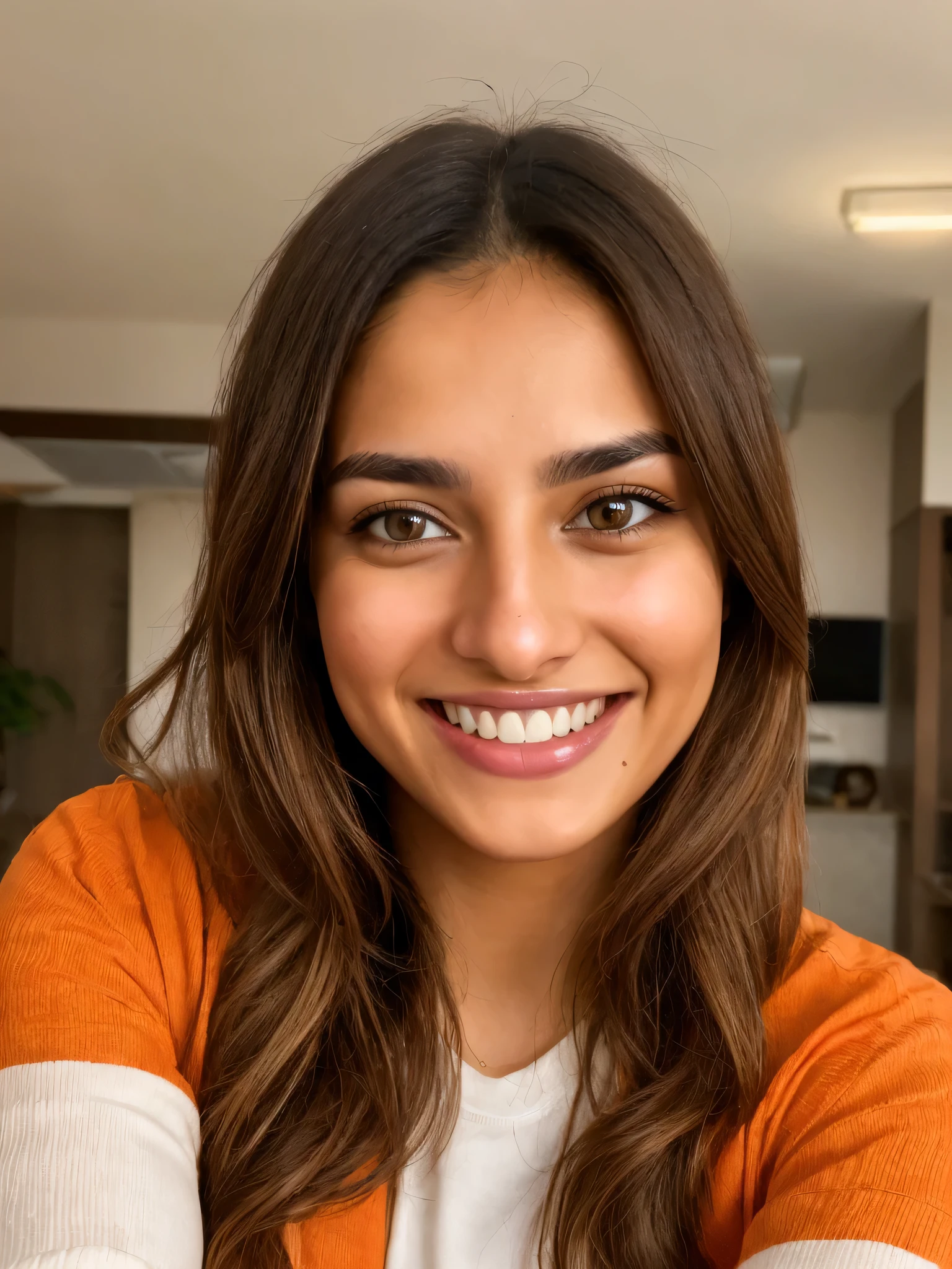 28YO, one women, cute smile, white teethes, Arab, from Jordan, long burnt orange shirt, light brown eyes