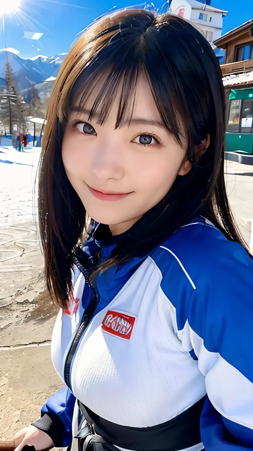 (Highest quality,masterpiece:1.3,Ultra-high resolution),(Very detailed,Caustics,16K),(Realistic:1.4,RAW shooting),Ultra-Realistic Capture,Human skin close-up,Natural skin texture,The pores are detailed enough to be easily identified,Healthy Skin and Even Tone,Use natural light and color,18-year-old,Japanese,cute,Ski wear,Long black hair,I'm looking at the camera with a smile on my face,Big Breasts,Waist up shot,(Face Focus:1.2),(Face close-up:1.2),(Low position:1.3),(Low Angle:1.3),(Ski Resorts),sun,Lens flare,blue sky,