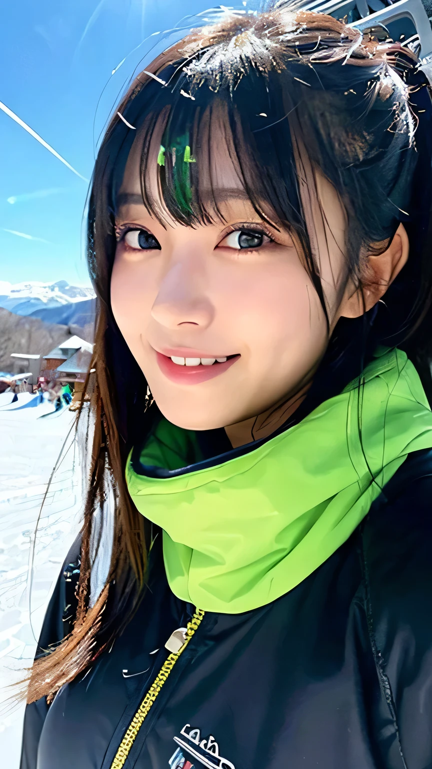 (Highest quality,masterpiece:1.3,Ultra-high resolution),(Very detailed,Caustics,16K),(Realistic:1.4,RAW shooting),Ultra-Realistic Capture,Human skin close-up,Natural skin texture,The pores are detailed enough to be easily identified,Healthy Skin and Even Tone,Use natural light and color,18-year-old,Japanese,cute,Ski wear,Long black hair,I'm looking at the camera with a smile on my face,Big Breasts,Waist up shot,(Face Focus:1.2),(Face close-up:1.2),(Low position:1.3),(Low Angle:1.3),(Ski Resorts),sun,Lens flare,blue sky,
