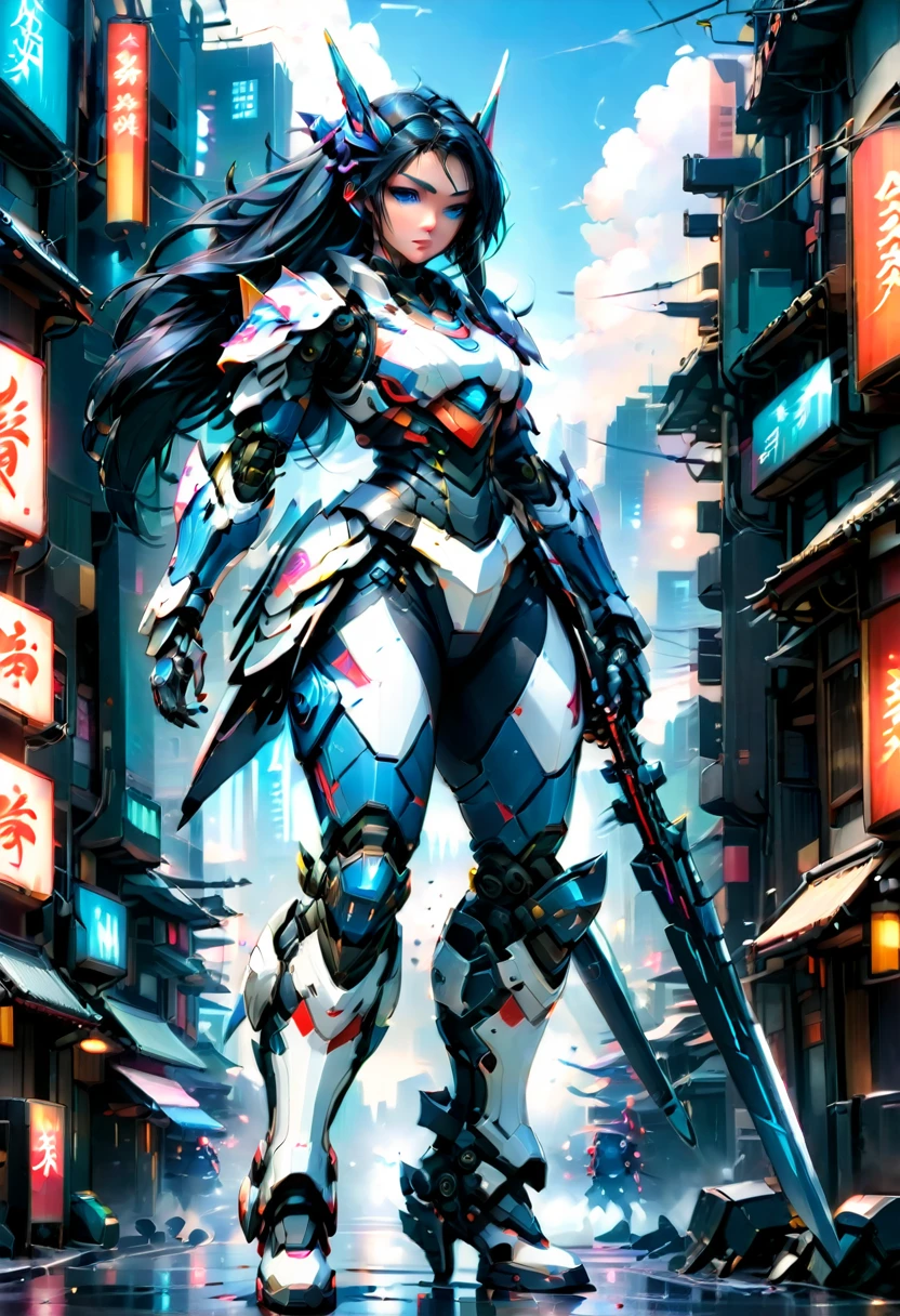 Japanese water color art picture of a mecha samurai woman in cyberpunk city, a mecha samurai woman, exquisite beautiful woman, (fully clothed: 1.3), black hair, long hair, (blue eyes: 1.3), she stands ready to battle, wearing (white mecha armor: 1.3), high heeled boots, she is armed with a Japanese sword, Japanese Cyberpunk city at night, background, (Masterpiece: 1.5), 16k, highres, best quality, high details, ultra detailed, masterpiece, best quality, (extremely detailed), arafed, mecha, 