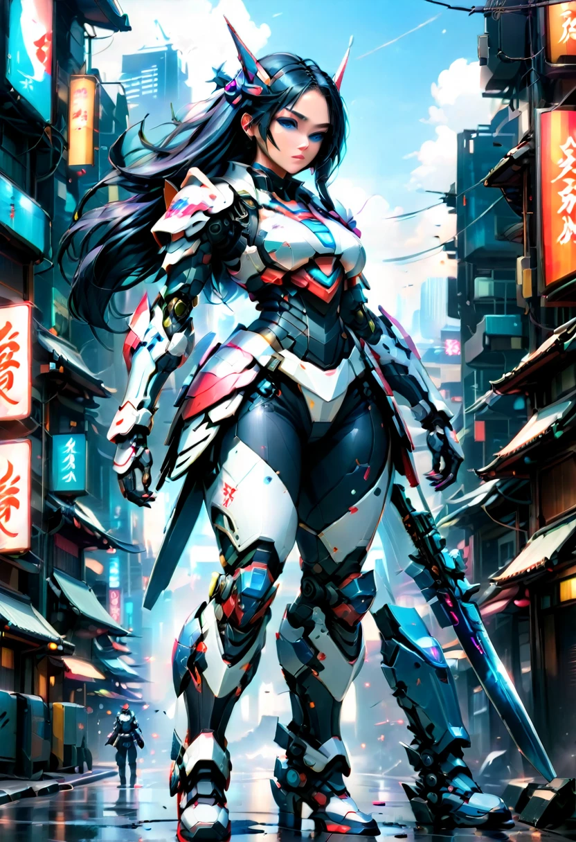 Japanese water color art picture of a mecha samurai woman in cyberpunk city, a mecha samurai woman, exquisite beautiful woman, (fully clothed: 1.3), black hair, long hair, (blue eyes: 1.3), she stands ready to battle, wearing (white mecha armor: 1.3), high heeled boots, she is armed with a Japanese sword, Japanese Cyberpunk city at night, background, (Masterpiece: 1.5), 16k, highres, best quality, high details, ultra detailed, masterpiece, best quality, (extremely detailed), arafed, mecha, 