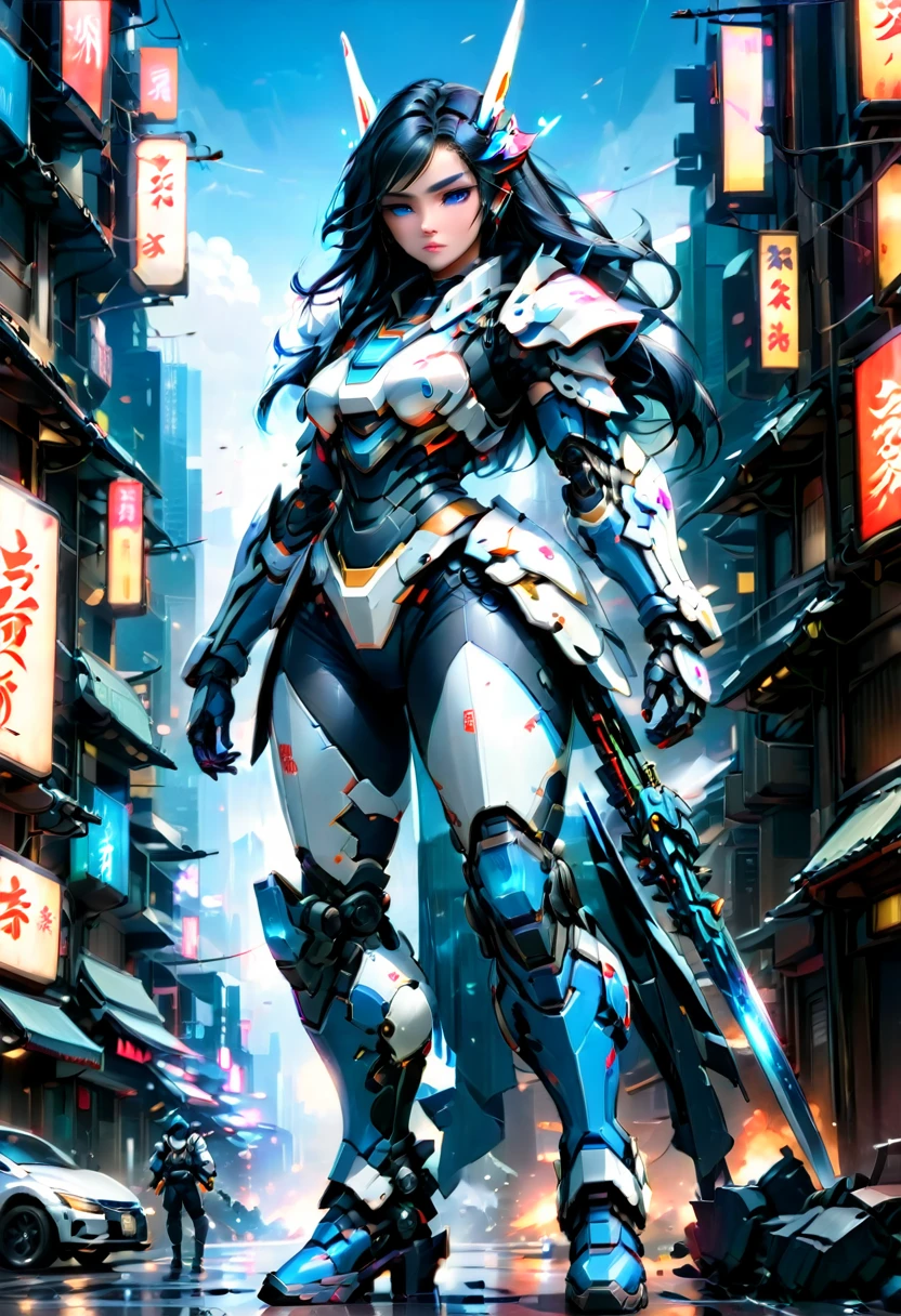 Japanese water color art picture of a mecha samurai woman in cyberpunk city, a mecha samurai woman, exquisite beautiful woman, (fully clothed: 1.3), black hair, long hair, (blue eyes: 1.3), she stands ready to battle, wearing (white mecha armor: 1.3), high heeled boots, she is armed with a Japanese sword, Japanese Cyberpunk city at night, background, (Masterpiece: 1.5), 16k, highres, best quality, high details, ultra detailed, masterpiece, best quality, (extremely detailed), arafed, mecha,