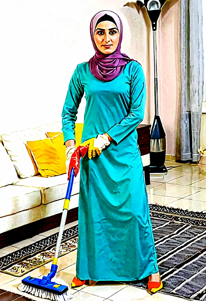 Pale skin Kurdish woman in straight hijab housekeeping house cleaning