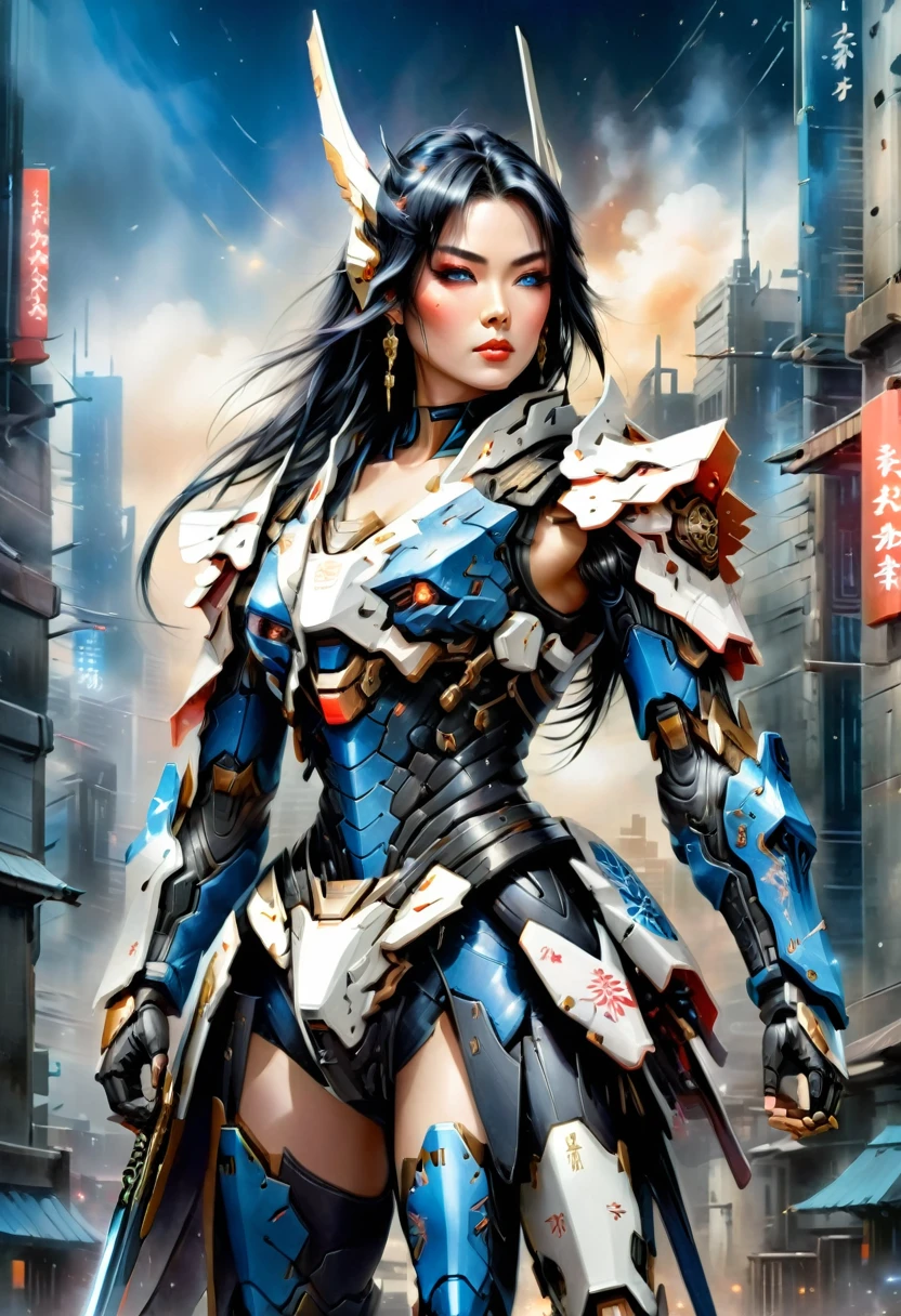 Japanese water color art picture of a mecha samurai woman in cyberpunk city, a mecha samurai woman, exquisite beautiful woman, (fully clothed: 1.3), black hair, long hair, (blue eyes: 1.3), she stands ready to battle, wearing (white mecha armor: 1.3), high heeled boots, she is armed with a Japanese sword, Japanese Cyberpunk city at night, background, (Masterpiece: 1.5), 16k, highres, best quality, high details, ultra detailed, masterpiece, best quality, (extremely detailed), arafed, mecha, 