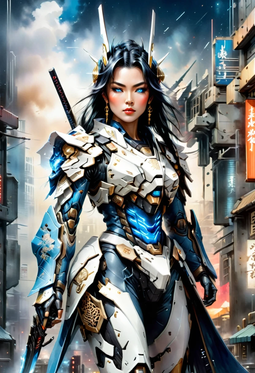 Japanese water color art picture of a mecha samurai woman in cyberpunk city, a mecha samurai woman, exquisite beautiful woman, (fully clothed: 1.3), black hair, long hair, (blue eyes: 1.3), she stands ready to battle, wearing (white mecha armor: 1.3), high heeled boots, she is armed with a Japanese sword, Japanese Cyberpunk city at night, background, (Masterpiece: 1.5), 16k, highres, best quality, high details, ultra detailed, masterpiece, best quality, (extremely detailed), arafed, mecha,