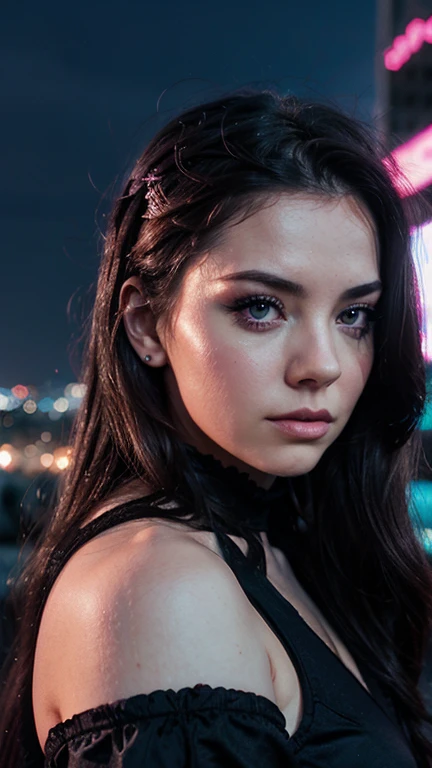 Una chica con el rostro de Amy lee, estilo synthwave, con un fondo de una Ciudad futurista