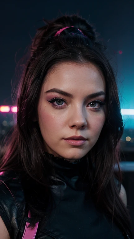 Una chica con el rostro de Amy lee, estilo synthwave, con un fondo de una Ciudad futurista 