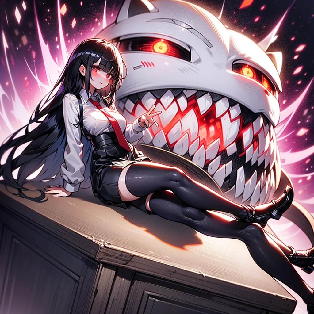 Strong quality with clear details, one girl, sitting on a desk at school, long black hair, red eyes, beautiful face, perfect and seductive body, plump thighs, black school clothes, red tie, black mid-thigh stockings, short skirt, breasts slightly larger than average, perfect body, cute, blushing cheeks, natural and flawless image
