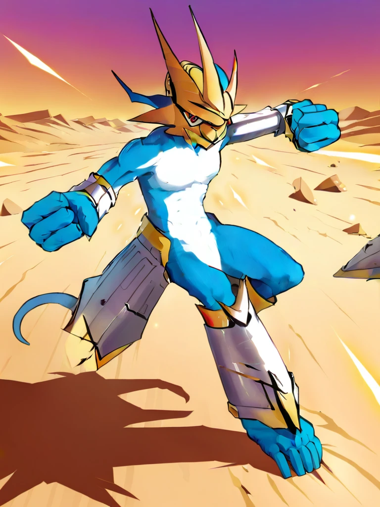 solo,angry Magnamon,tall, blue and white skin,(battle damaged:1.5),(topless Magnamon:2),(armor fragments:1.5),(shirtless:1.5), fighting_stance, in desert ,full_shot