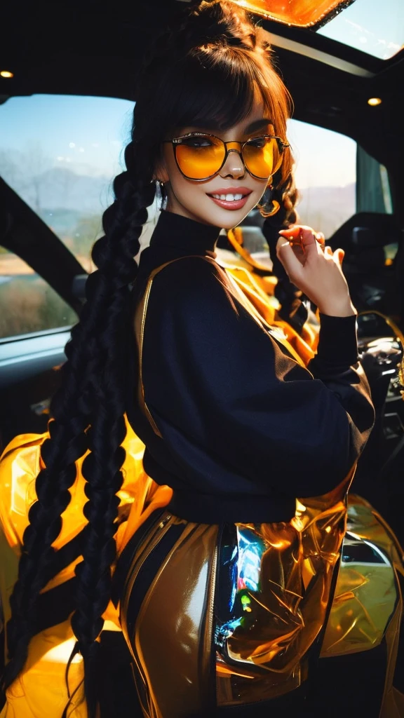 Mexican busty girl, sunset, park trees background, curly hair, sunglasses, autumn