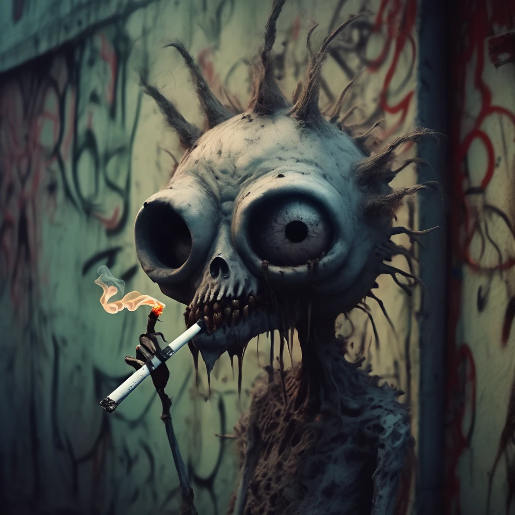 cigarette creature,Tim Burton+Brom+Henson+Ito Style meshed, hyperstylized, hyper surreal graffiti style, focus clarity, moody lighting, Best HD, High Resolution, horror fantasy 