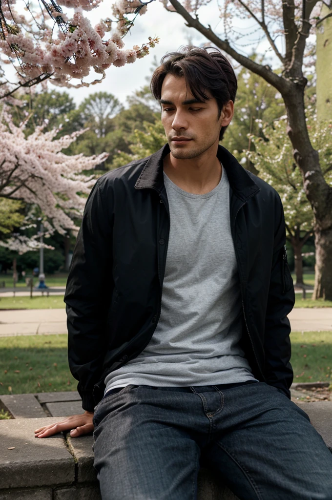 A man wearing a black jacket is sitting facing backwards in a city park surrounded by cherry trees