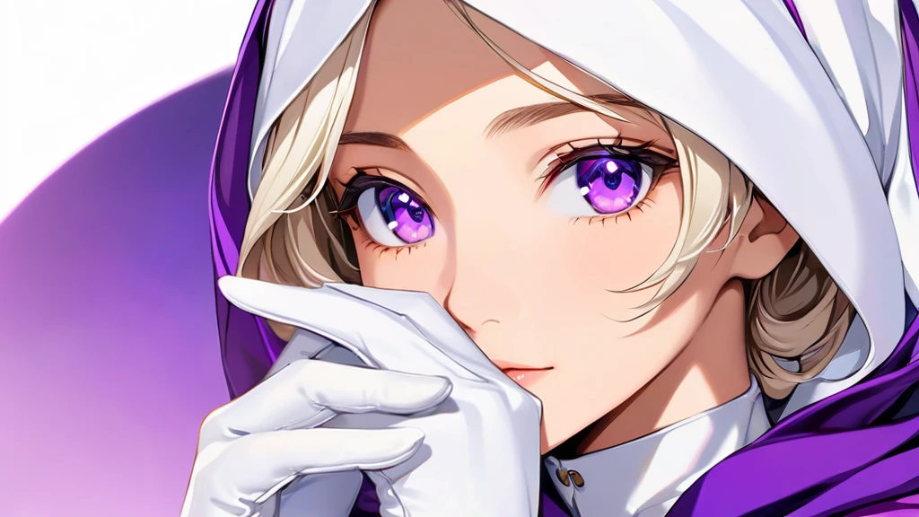 High-resolution anime digital art, Masterpiece, Female, Tomboy, Mature, Humble, Kind, Smart, purple eyes, wearing white hijab, Wearing long purple dress, Women's white fabric gloves, vivid colours, White backgrounds.