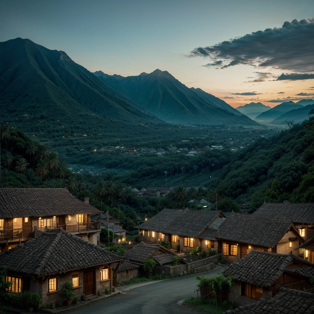 a big village with many village poor houses, background  mountains and dark tropical forest look higher view, it's a beautiful view in evening it looks a scary village 