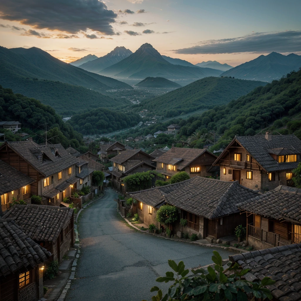 a big village with many village poor houses, background mountains and dark tropical forest look higher view, it's a beautiful view in evening it looks a scary village