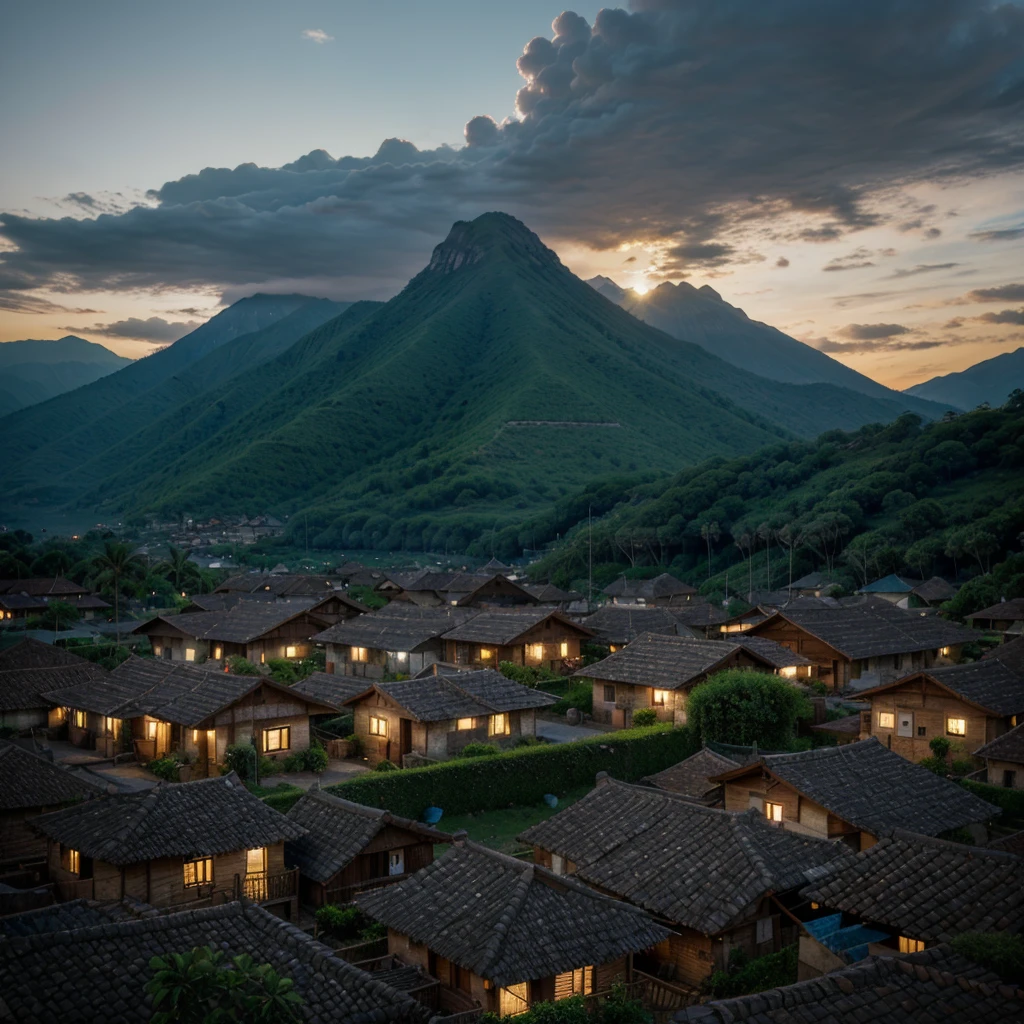 a big village with many village poor houses, background mountains and dark tropical forest look higher view, it's a beautiful view in evening it looks a scary village