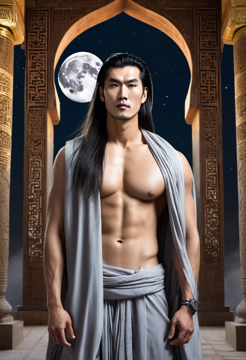huge sexy masculine inflated tall man Asian, without a beard, with long flowing straight hair in full height with open eyes, Looking Forward, - god of the moon, Apollo's body, silver jewelry, naked torso to the waist, in a floor-length silver skirt, semicircular patterns on clothes, depicting the moon, Covered with a black cape, in black clothes, semicircular symbols on clothes
In the temple with Arabic architecture
DARK FANTASY STYLE