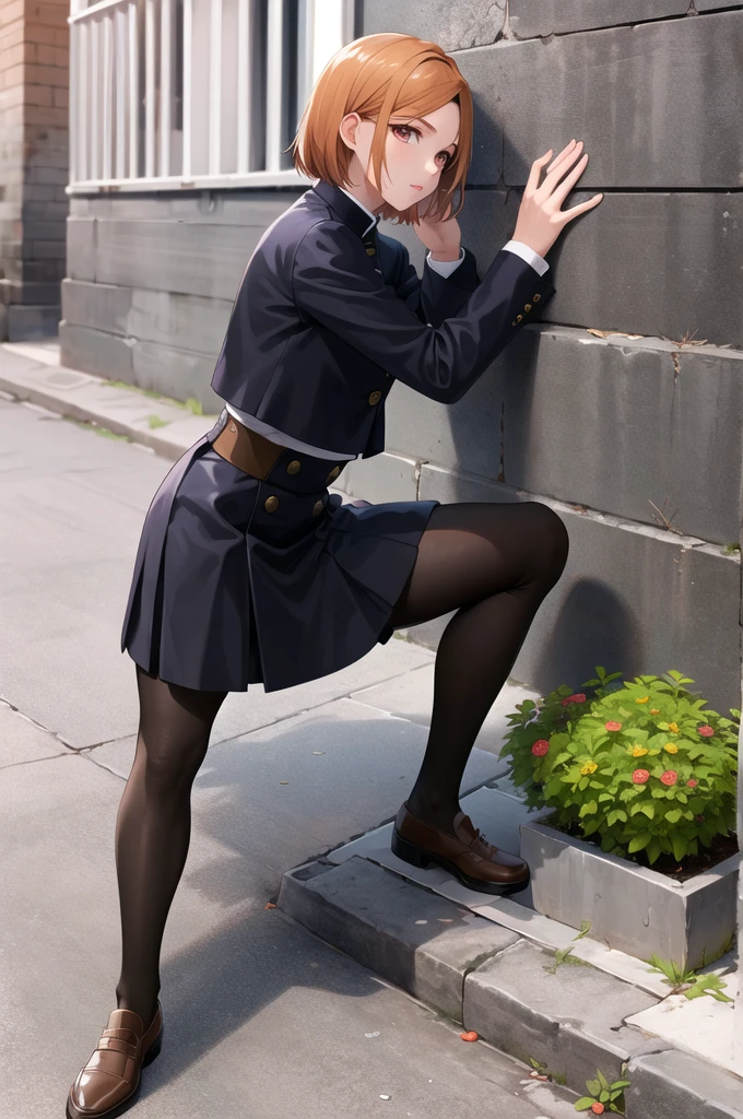 masterpiece, Highest quality, High resolution, That Rose, short hair, (Black jacket:1.2), button, Long sleeve, Black Skirt, High Waist Skirt, Black Pantyhose, squat, Outdoor, street, From the side, wall, View your viewers,Peeing