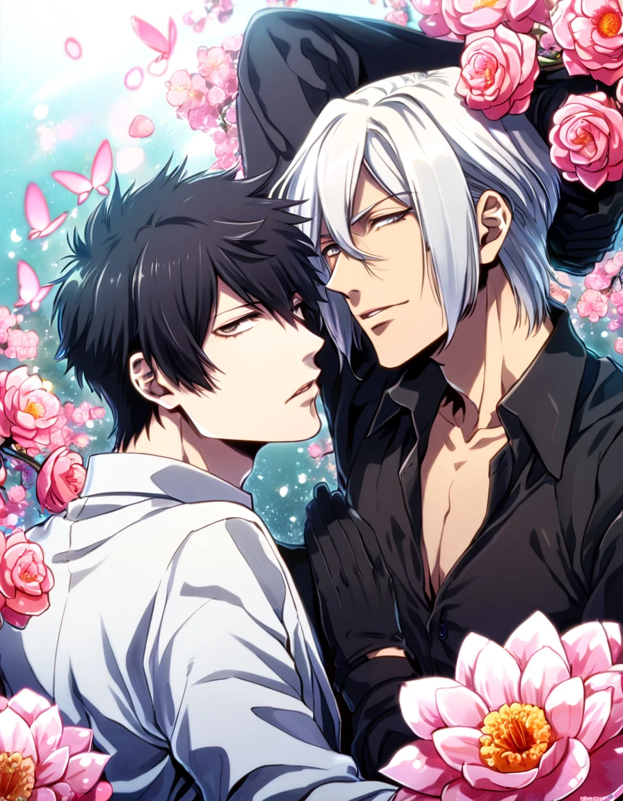 absurdres, highres, ultra detailed, HDR, master piece, best quality, Makishima Shougo, white hair, expressive gray eyes, psycho pass, Kougami Shinya, black hair, expressive gray eyes, two sexy men together, gay couple, yaoi, handsome, white clothes, black clothes, black gloves,magical, fantasy, shining, pink flowers, pink blossoms, pink butterflies, pink petals, water
