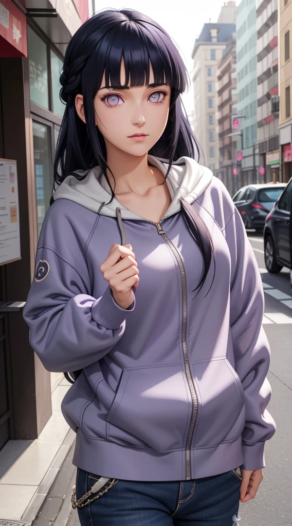 masterpiece, best quality, ultra-detailed, illustration,1girl,
long hair, dark blue hair, french braid, purple eyes, blunt bangs, 
Wearing Streetwear Hoodie, stylish,
medium breast,  
looking at viewer, hinata\(shippuden\)