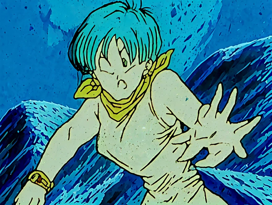 1 male, Goku from Dragon Ball Z, engaged in combat against 1 female, Bulma from Dragon Ball Z, amidst abundant electrical energy, featuring a straightforward hairstyle.