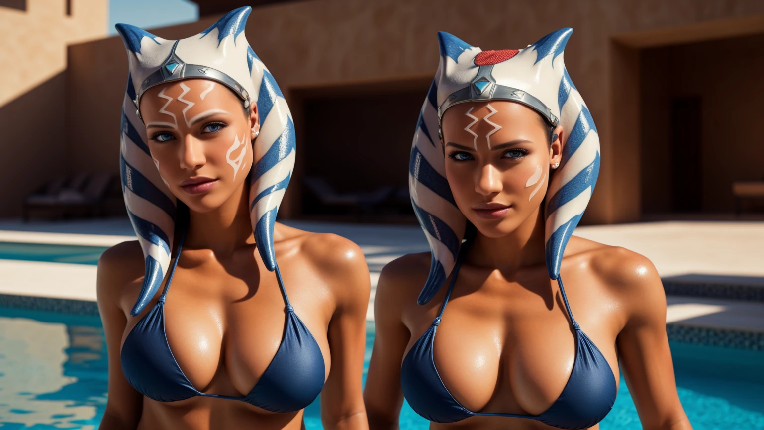masterpiece, (dynamic lighting:1.3), ultra-detailed, aroused face, perfect face, mature female, medium breast, ahsoka_tano, facial mark, tattoo, outside, (detailed background), sexy bikini, by the pool